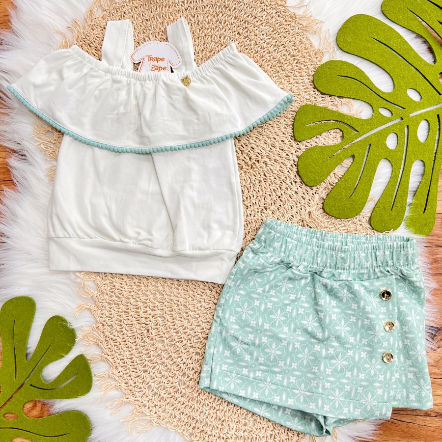 Conj. Blusa Ciganinha e Short Saia Versa - Verde e Off White